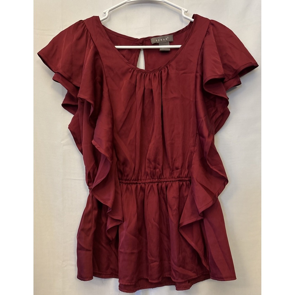 Women's Kenar Burgundy Blouse Ruffle Cap Sleeves & Sides Peplum Style Key Hole S